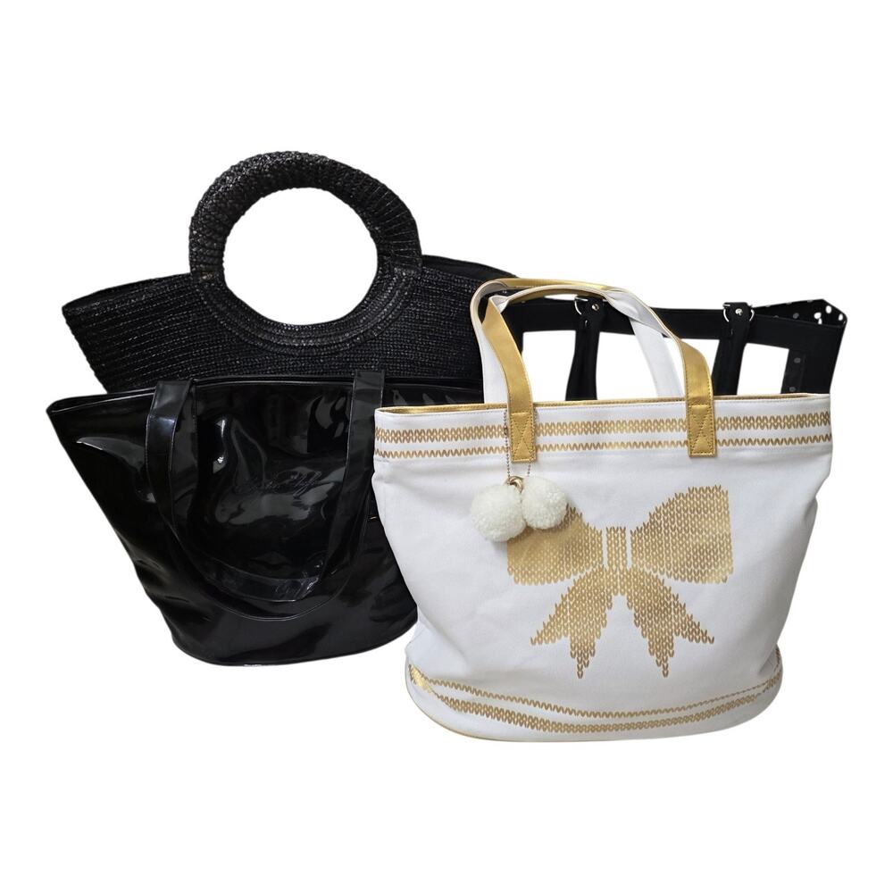 Lot of 4 Womens Tote Bags B&N Beach Summer Black White Gold Bow Clear Straw